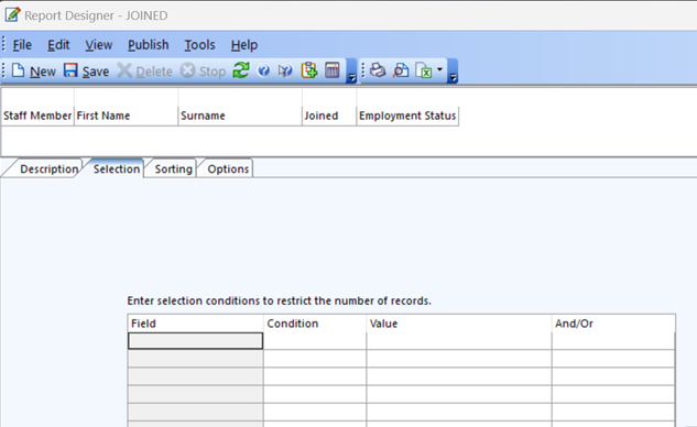 Chris21 report selections Chris21 report selections form before update