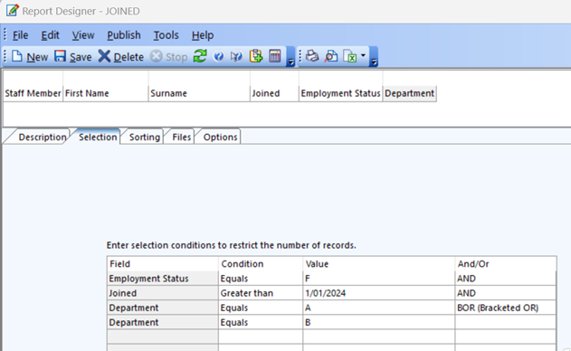 Chris21 report selections complex Chris21 report selections form with complex selections update