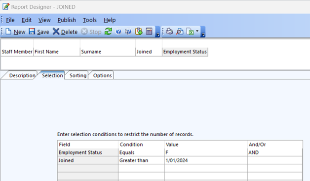 Chris21 report selections updated Chris21 report selections form after update